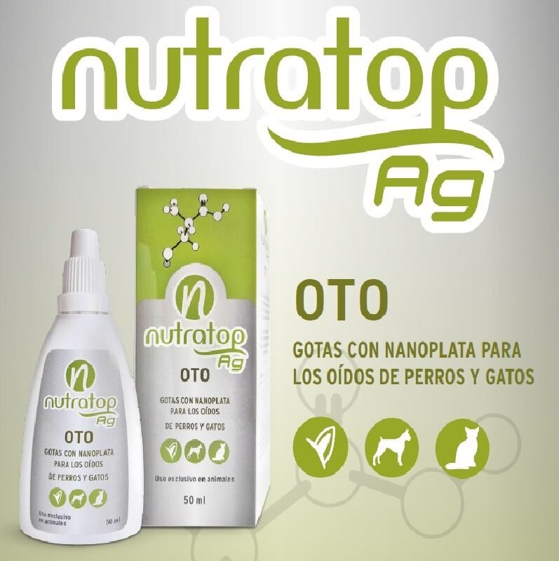 Nutratop Ag Oto gotas con nanoplata, frasco de 50 ml, para la higiene del oído de perros y gatos